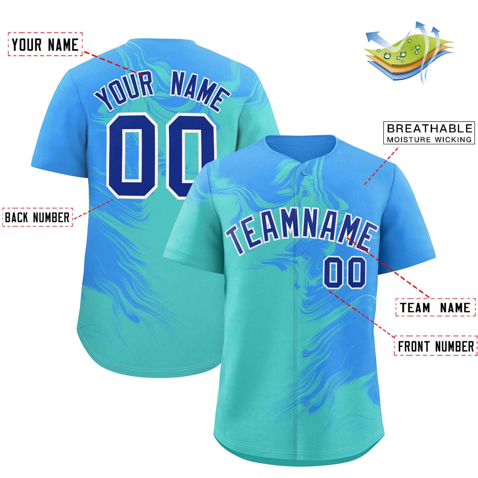 Custom Powder Blue Bright Green Personalized Ink Pattern Authentic Baseball Jersey