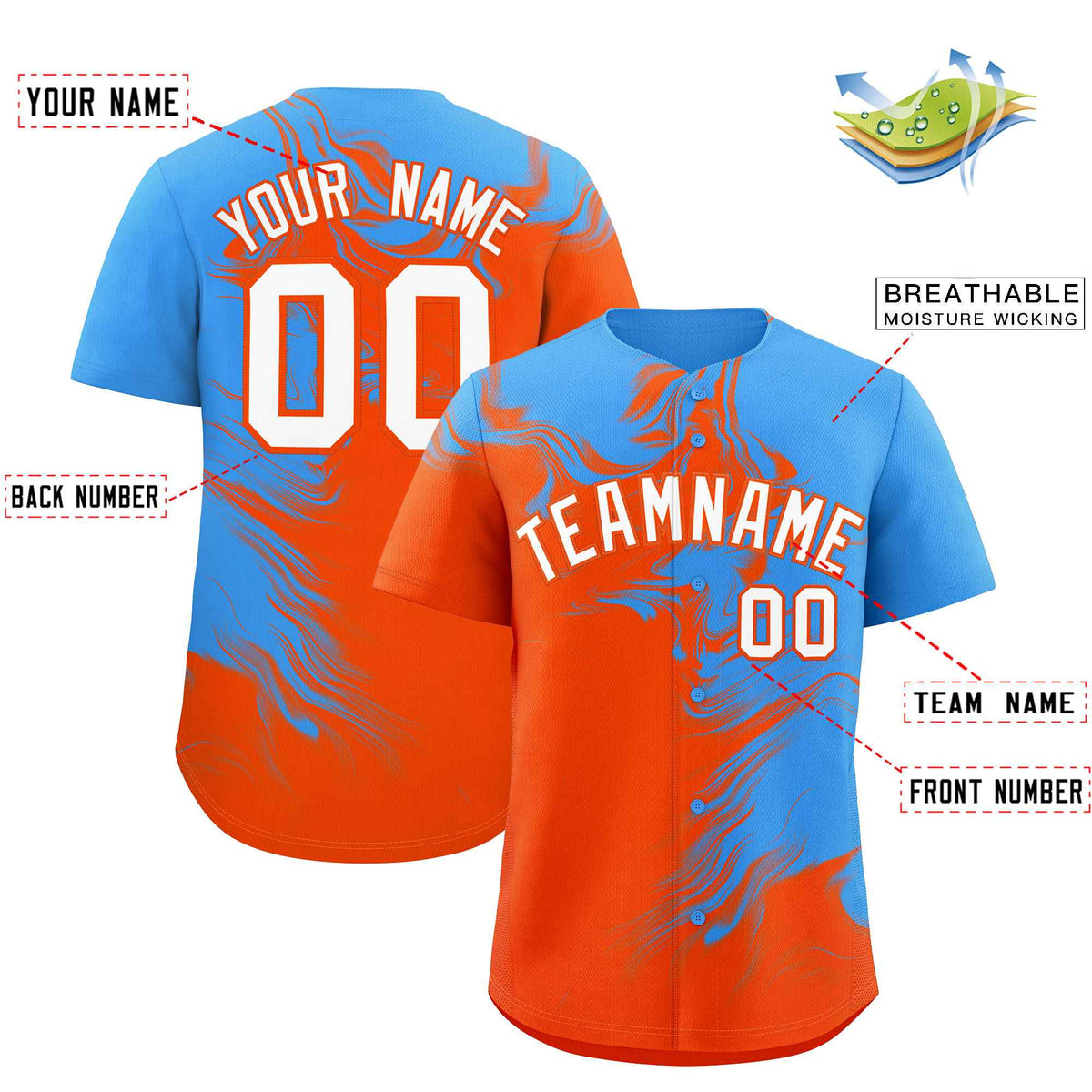 Custom Powder Blue Orange Personalized Ink Pattern Authentic Baseball Jersey