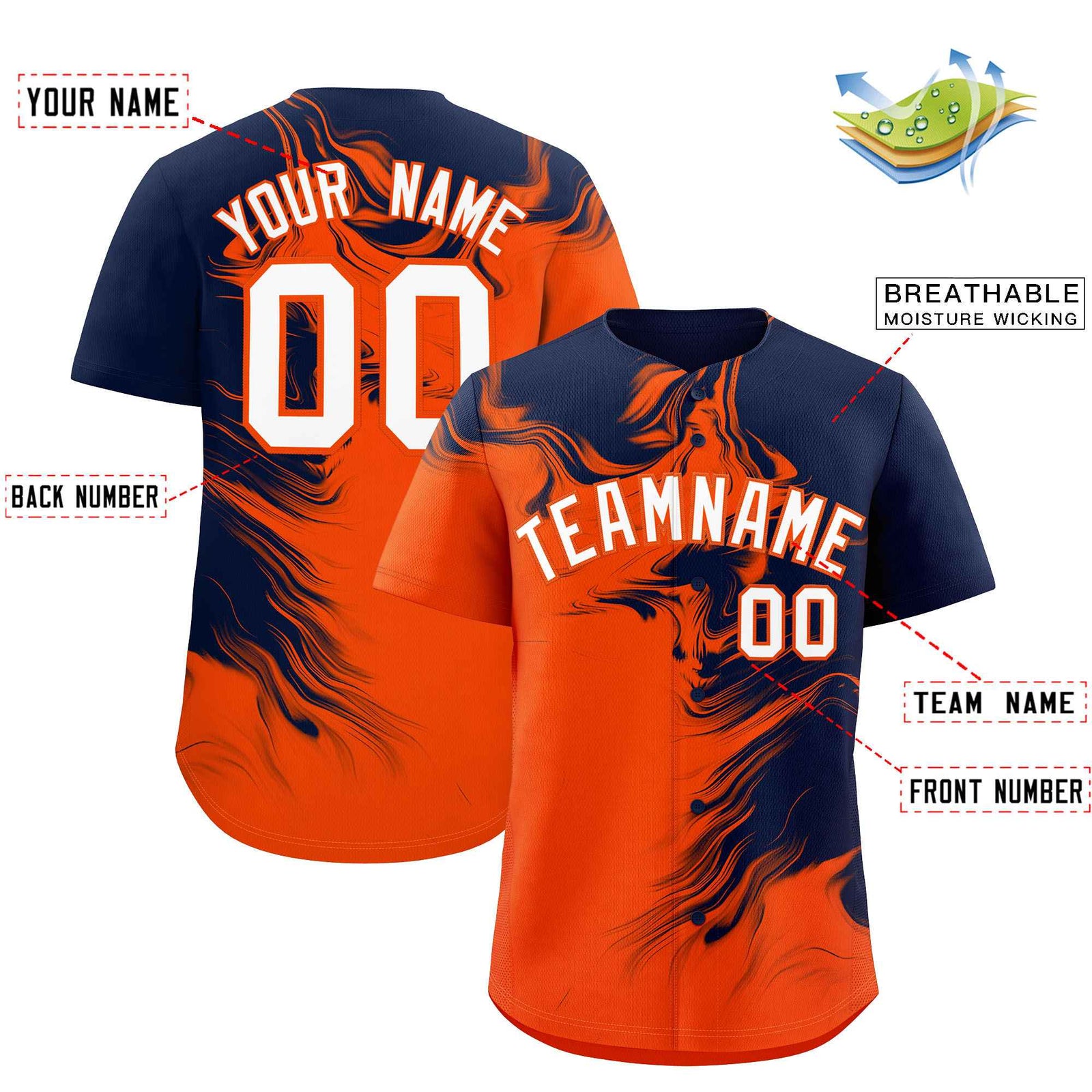 Custom Navy Orange Personalized Ink Pattern Authentic Baseball Jersey