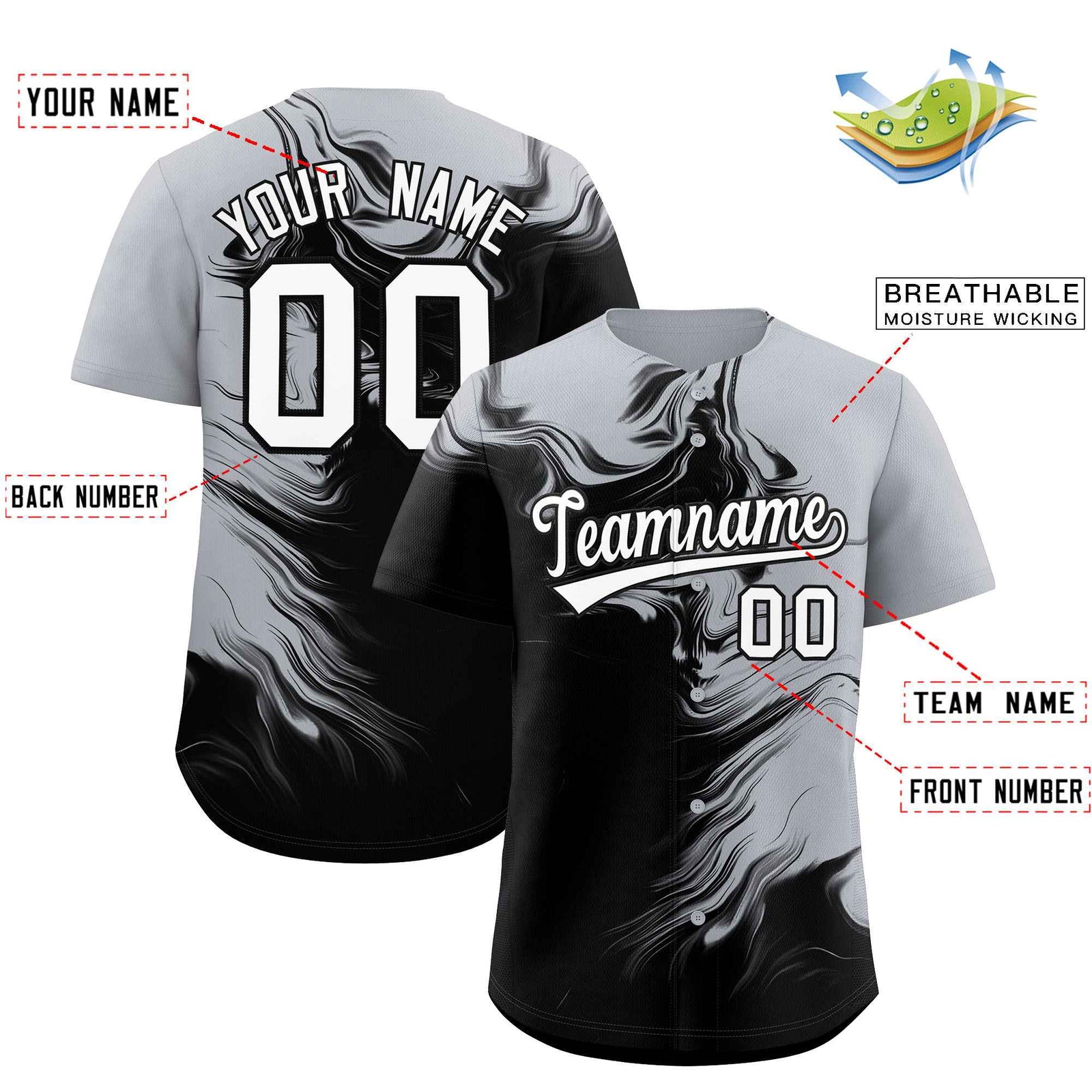Custom Gray Black Personalized Ink Pattern Authentic Baseball Jersey