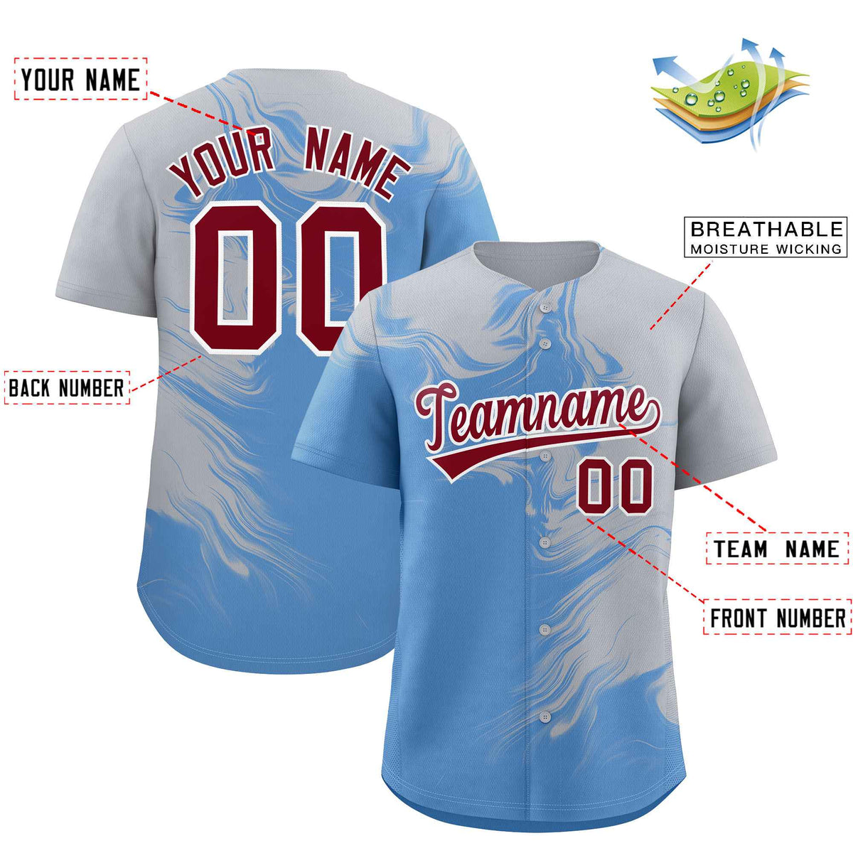 Custom Gray Powder Blue Personalized Ink Pattern Authentic Baseball Jersey