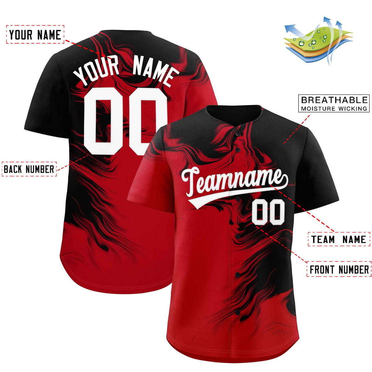 Custom Black Red Personalized Ink Pattern Authentic Baseball Jersey