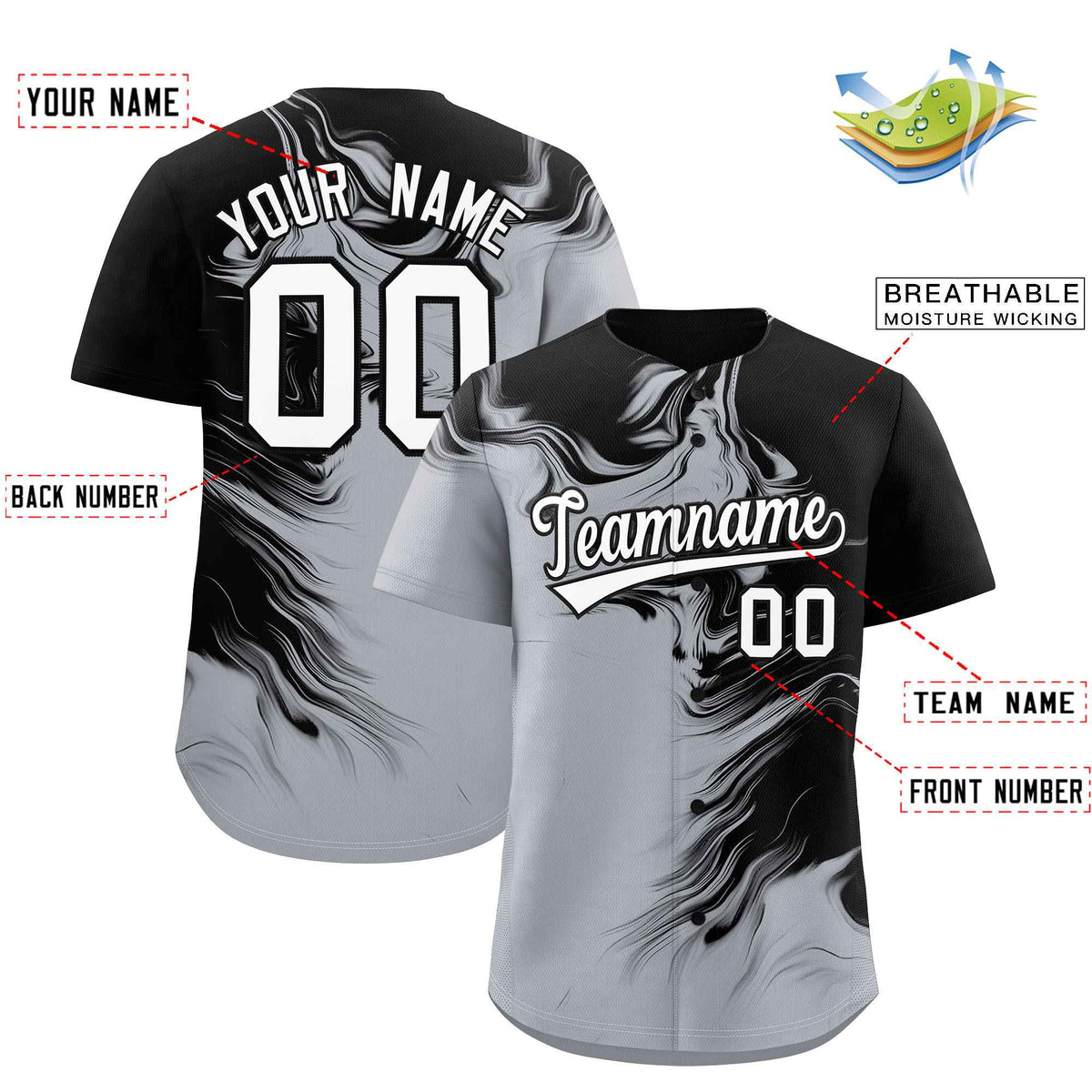 Custom Black Gray Personalized Ink Pattern Authentic Baseball Jersey