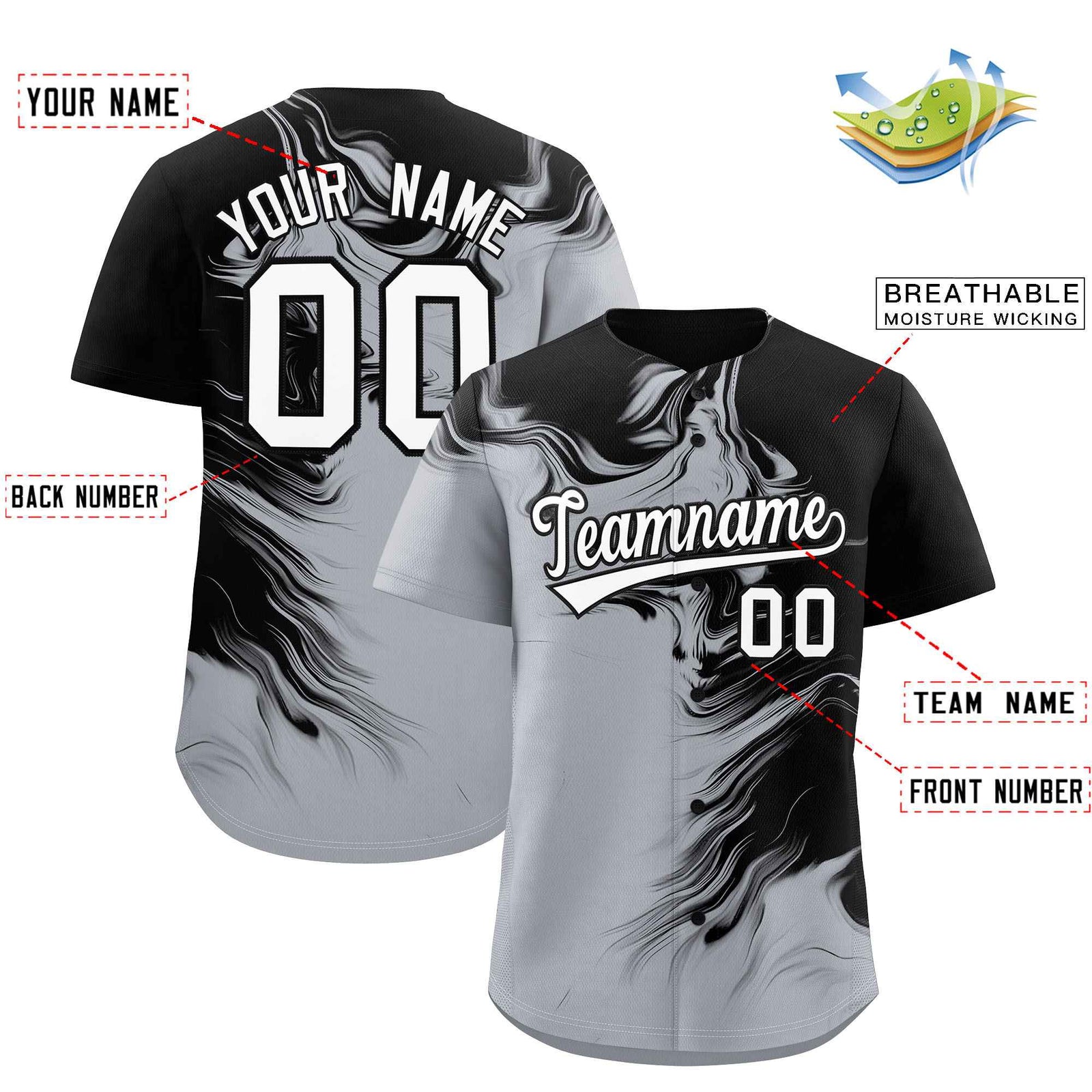 Custom Black Gray Personalized Ink Pattern Authentic Baseball Jersey