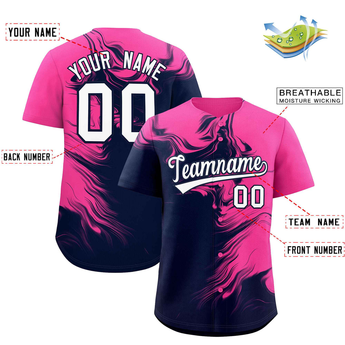 Custom Pink Navy Personalized Ink Pattern Authentic Baseball Jersey