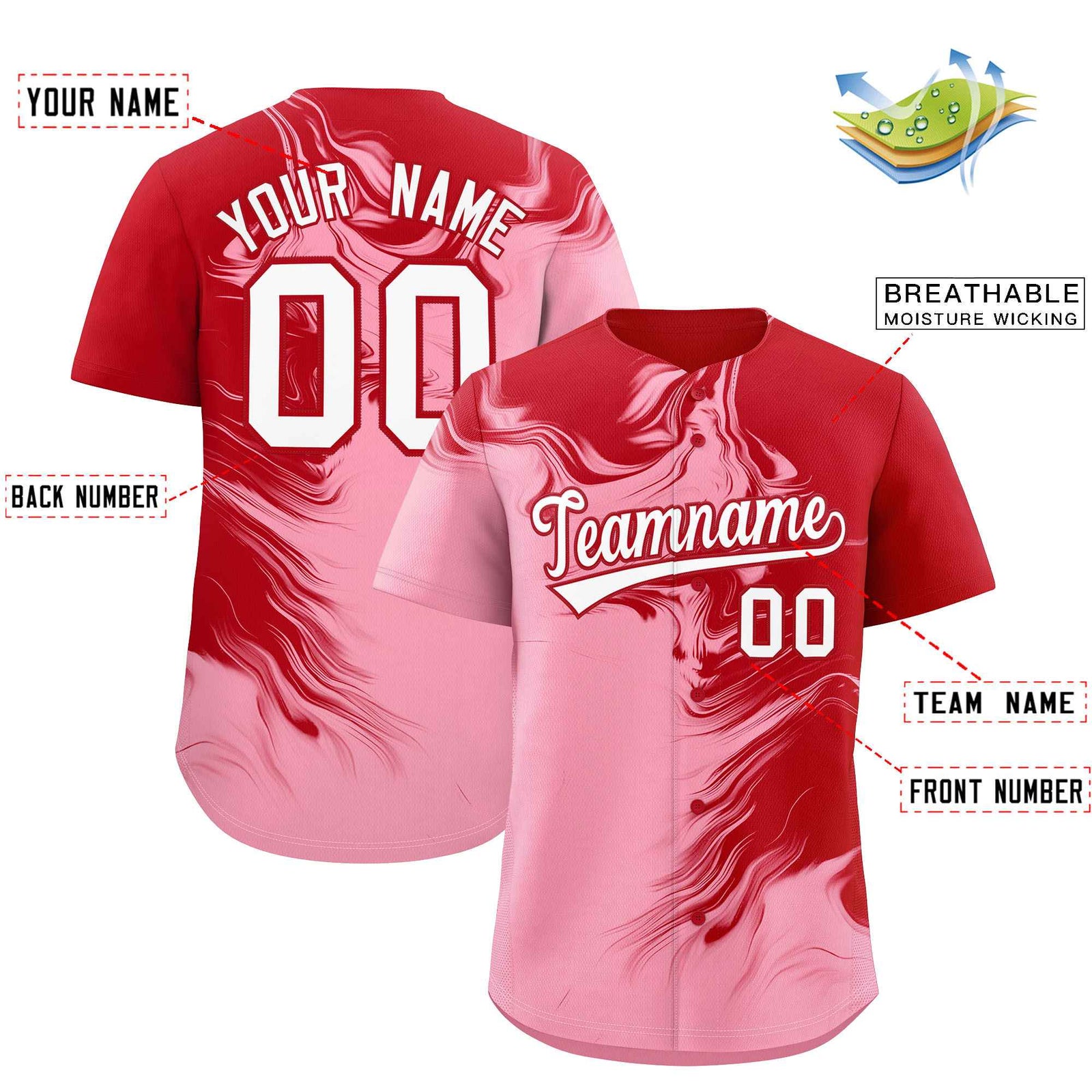 Custom Red Light Pink Personalized Ink Pattern Authentic Baseball Jersey
