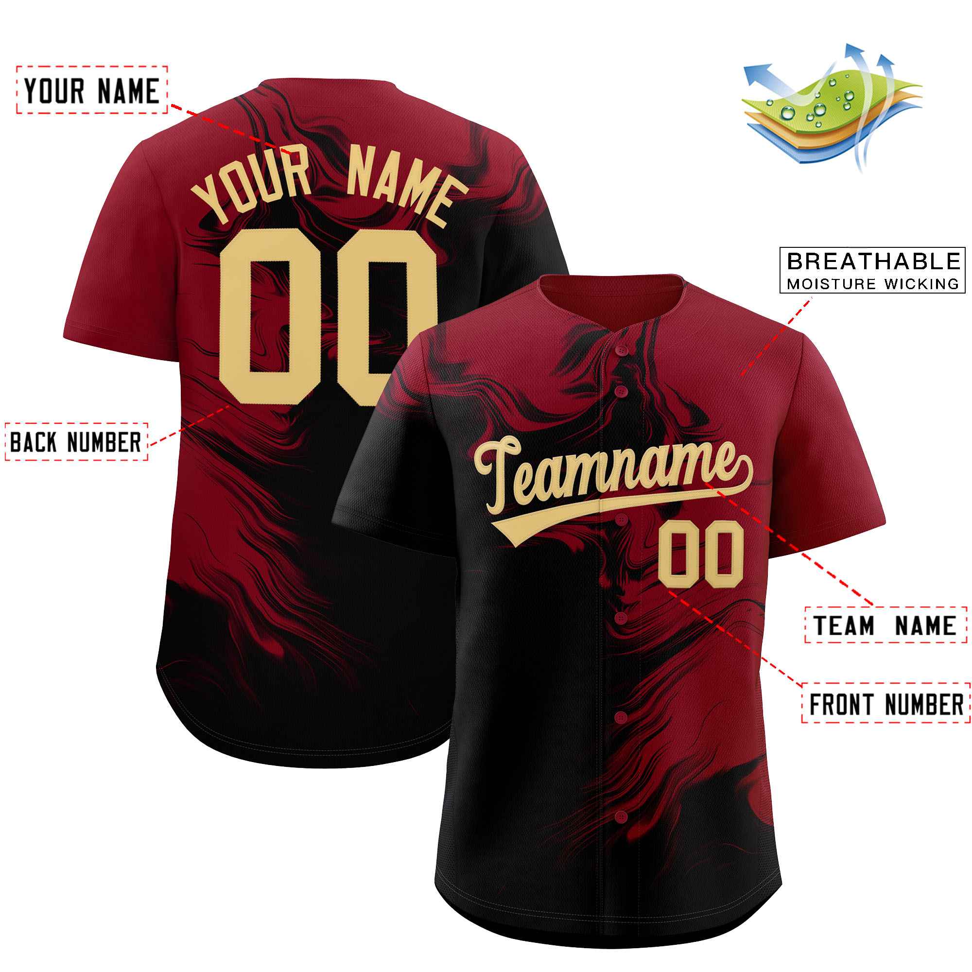 Custom Crimson Black Personalized Ink Pattern Authentic Baseball Jersey