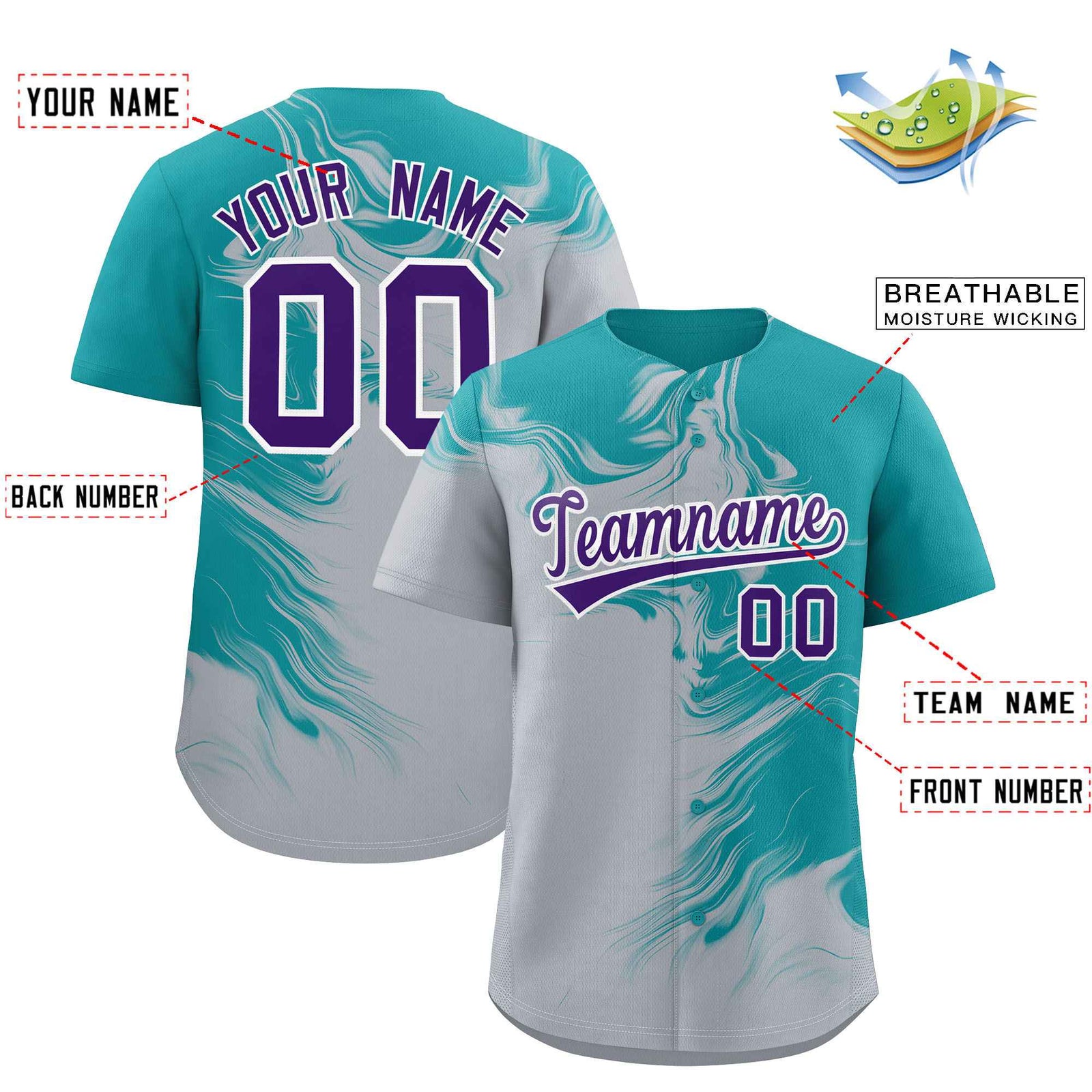 Custom Aqua Gray Personalized Ink Pattern Authentic Baseball Jersey
