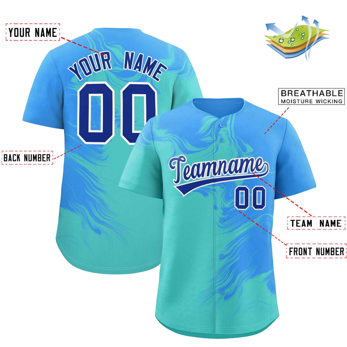 Custom Powder Blue Bright Green Personalized Ink Pattern Authentic Baseball Jersey