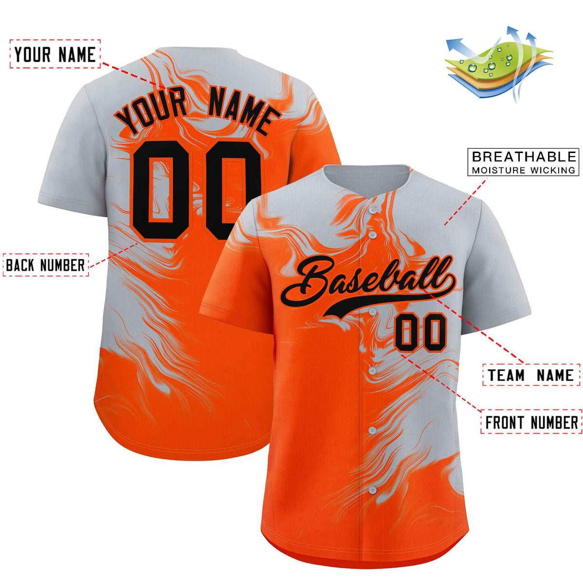 Custom Gray Orange Personalized Ink Pattern Authentic Baseball Jersey