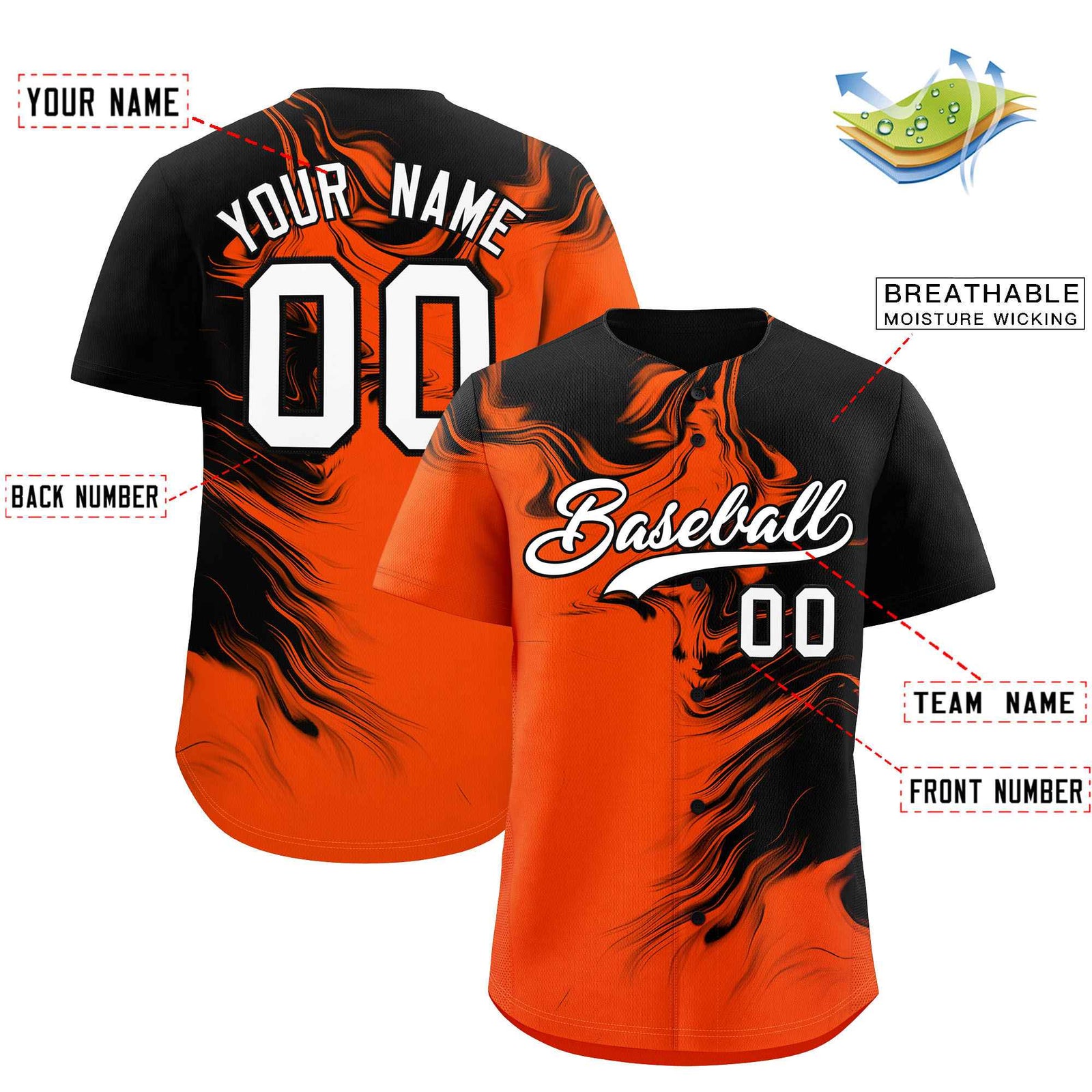 Custom Black Orange Personalized Ink Pattern Authentic Baseball Jersey