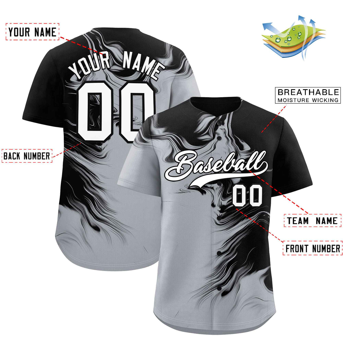 Custom Black Gray Personalized Ink Pattern Authentic Baseball Jersey
