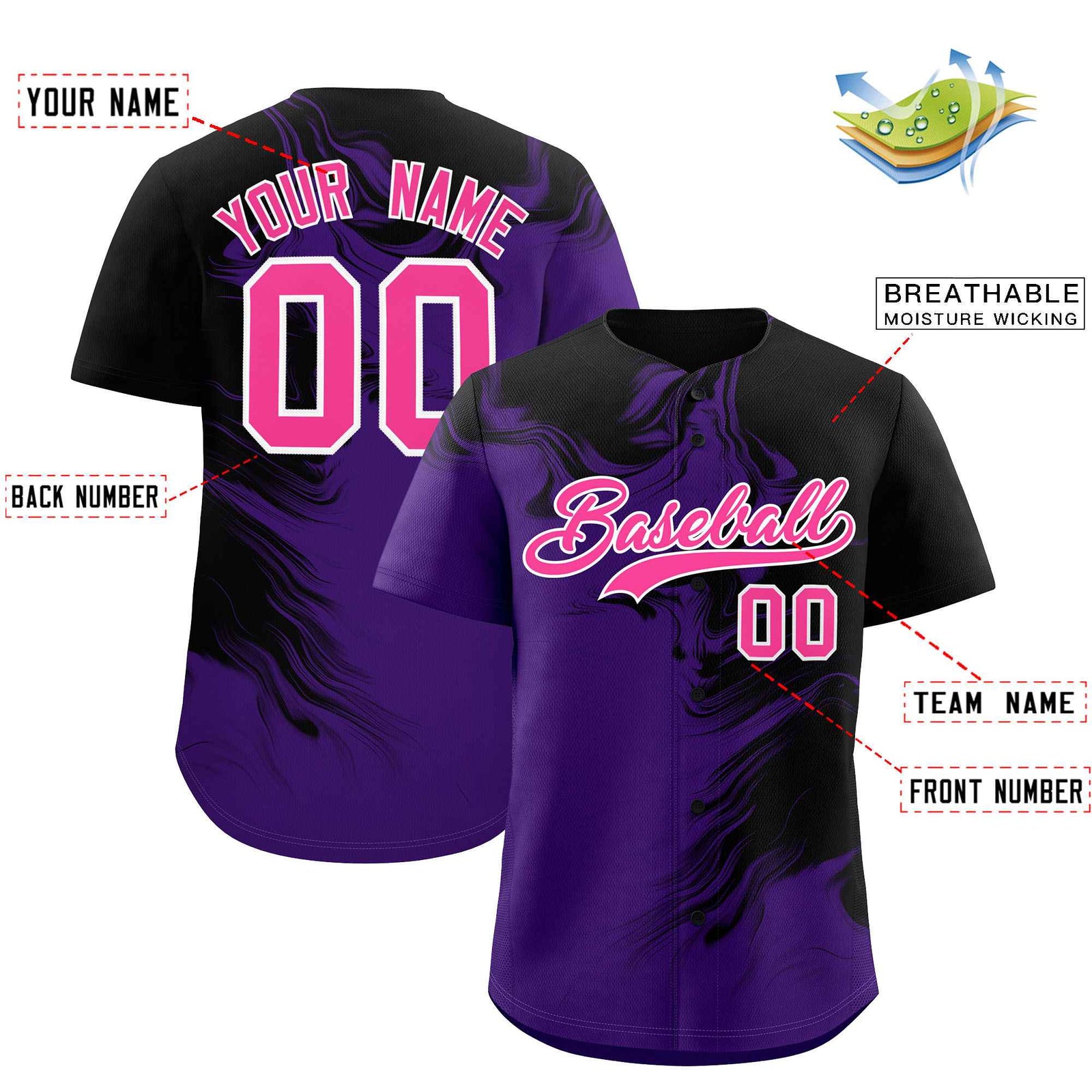 Custom Black Purple Personalized Ink Pattern Authentic Baseball Jersey