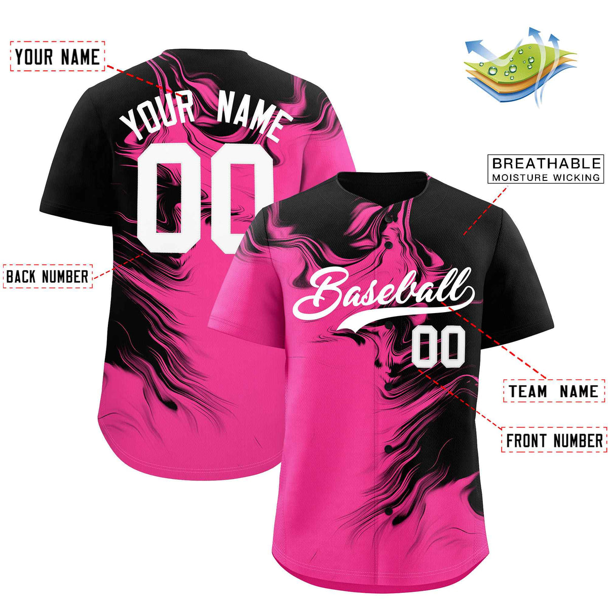 Custom Black Pink Personalized Ink Pattern Authentic Baseball Jersey