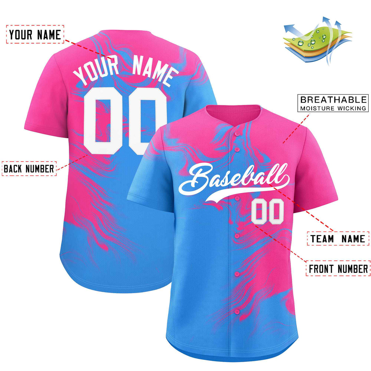 Custom Pink Powder Blue Personalized Ink Pattern Authentic Baseball Jersey