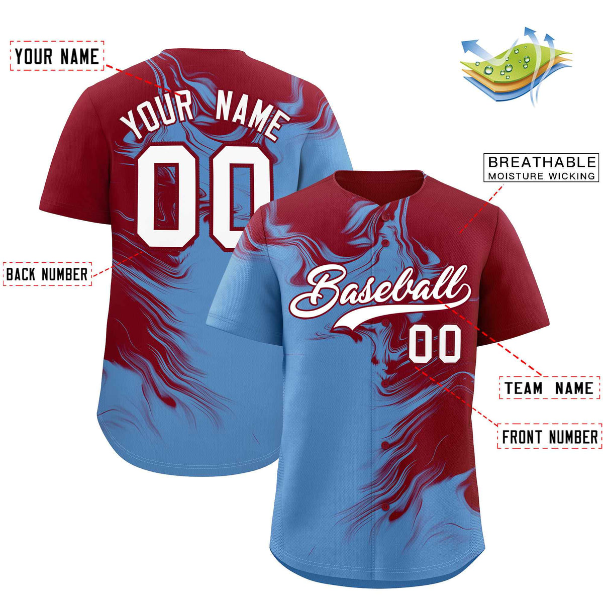 Custom Crimson Powder Blue Personalized Ink Pattern Authentic Baseball Jersey