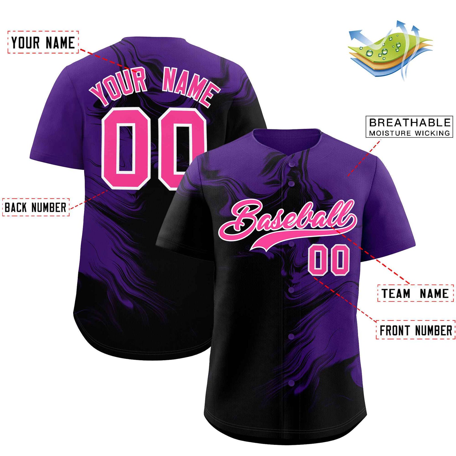 Custom Purple Black Personalized Ink Pattern Authentic Baseball Jersey