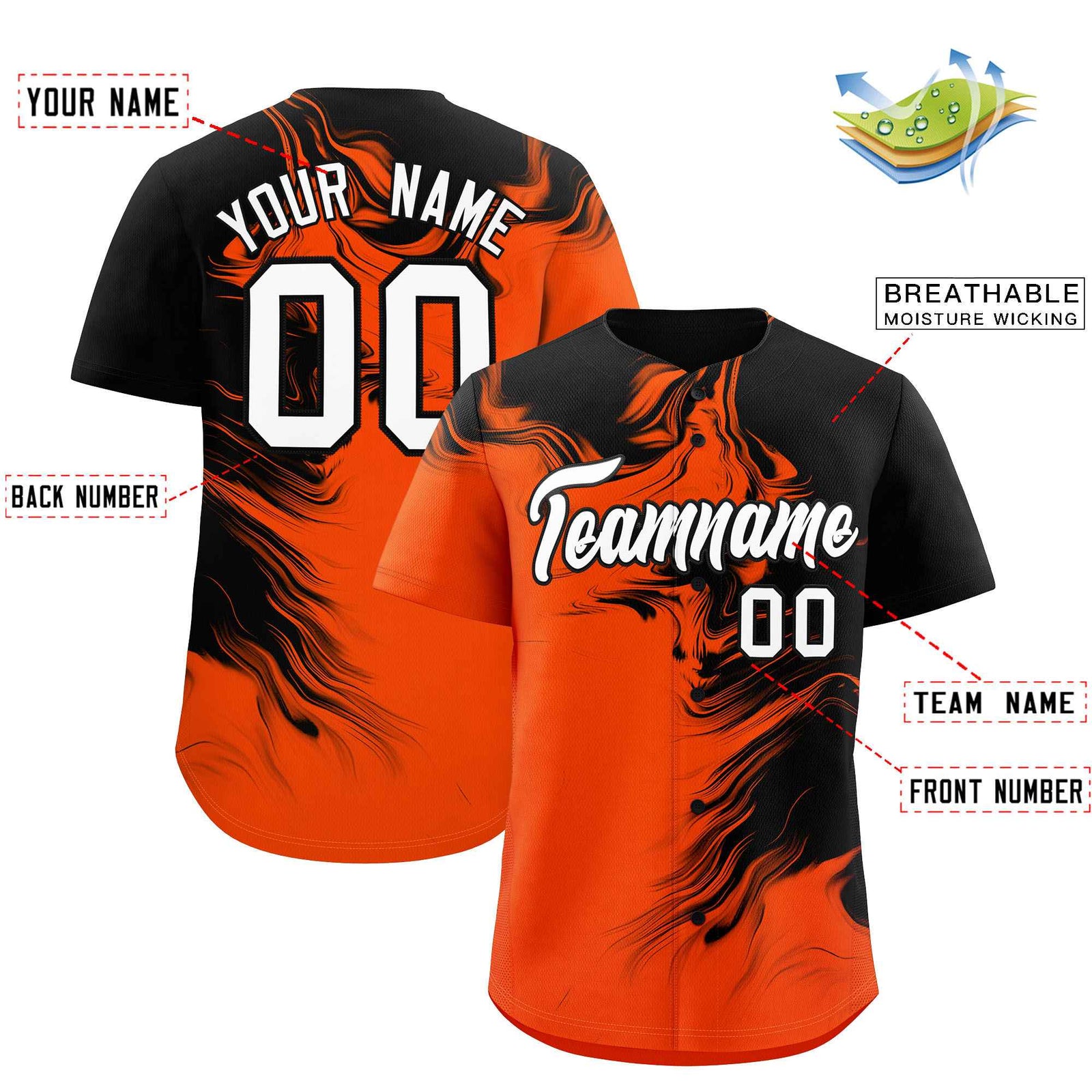 Custom Black Orange Personalized Ink Pattern Authentic Baseball Jersey