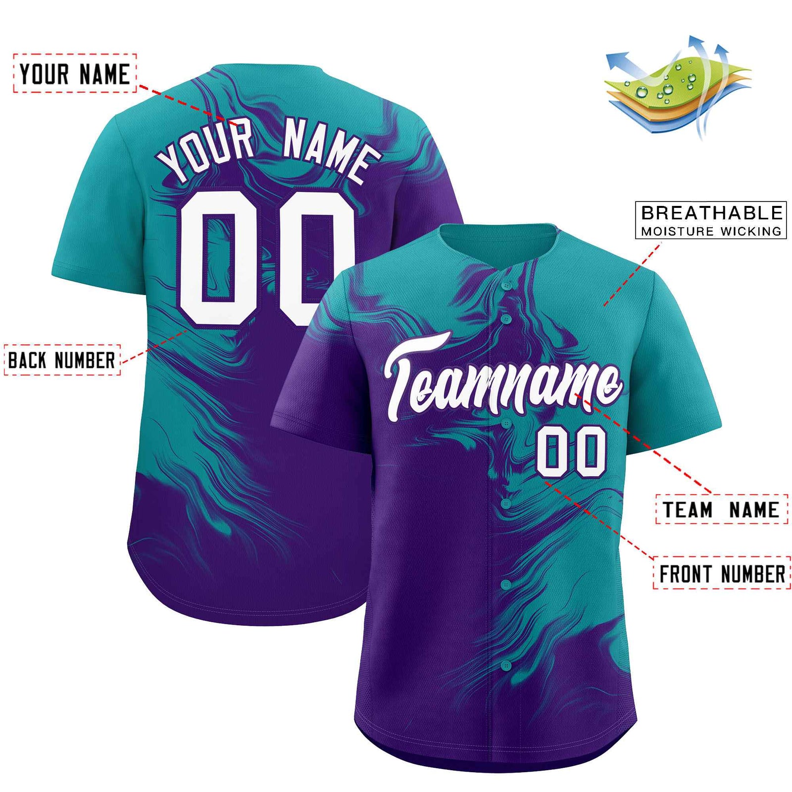 Custom Aqua Purple Personalized Ink Pattern Authentic Baseball Jersey