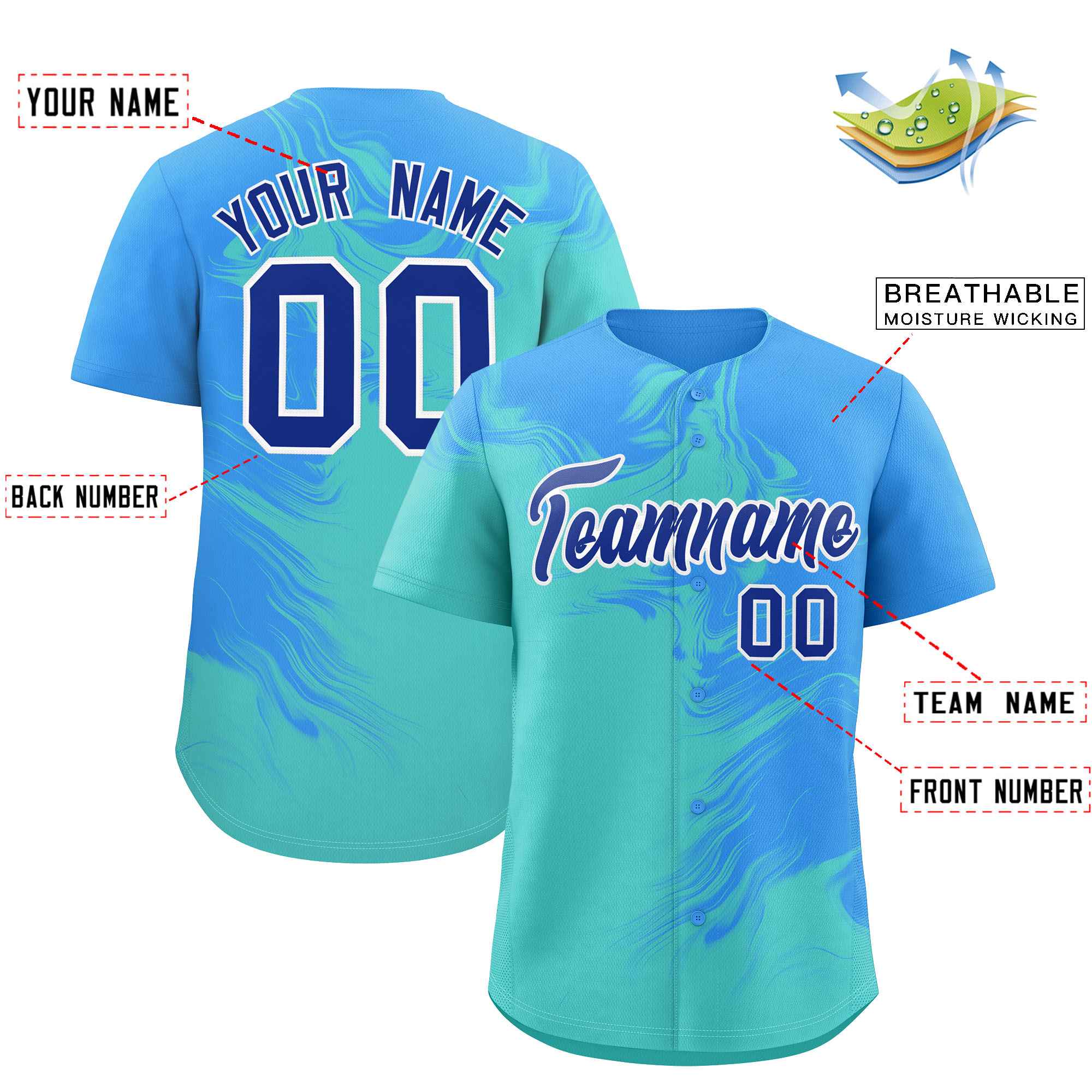 Custom Powder Blue Bright Green Personalized Ink Pattern Authentic Baseball Jersey