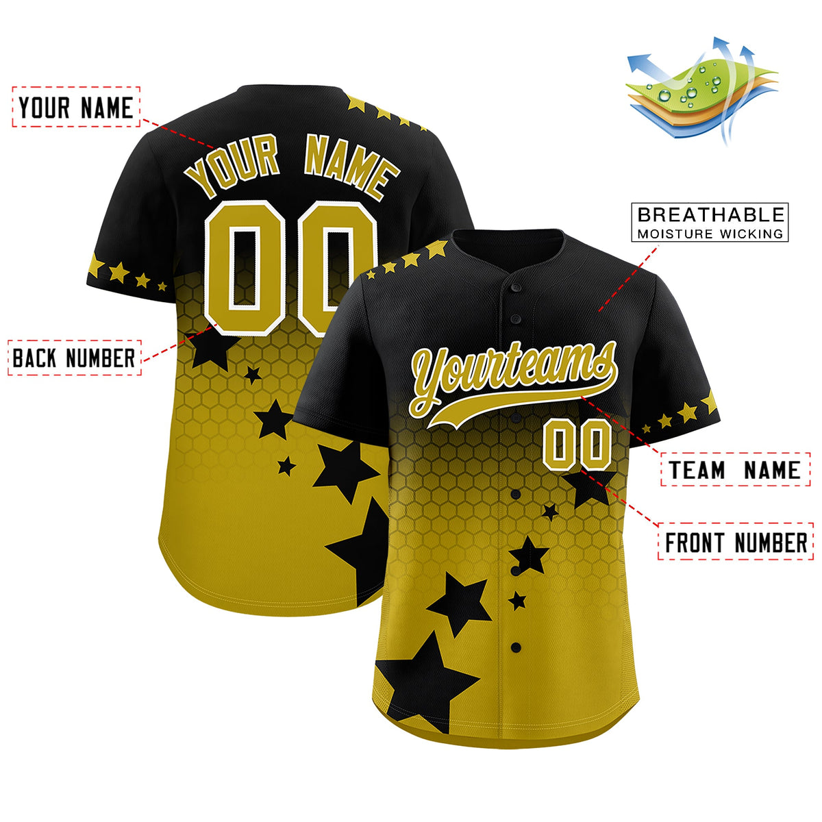Custom Black Old Gold White Rising Stars Series Gradient Fashion Baseball Jersey| KXKSHOP