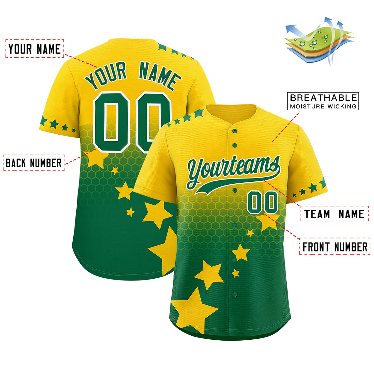 Custom Gold Kelly Green White Rising Stars Series Gradient Fashion Baseball Jersey| KXKSHOP