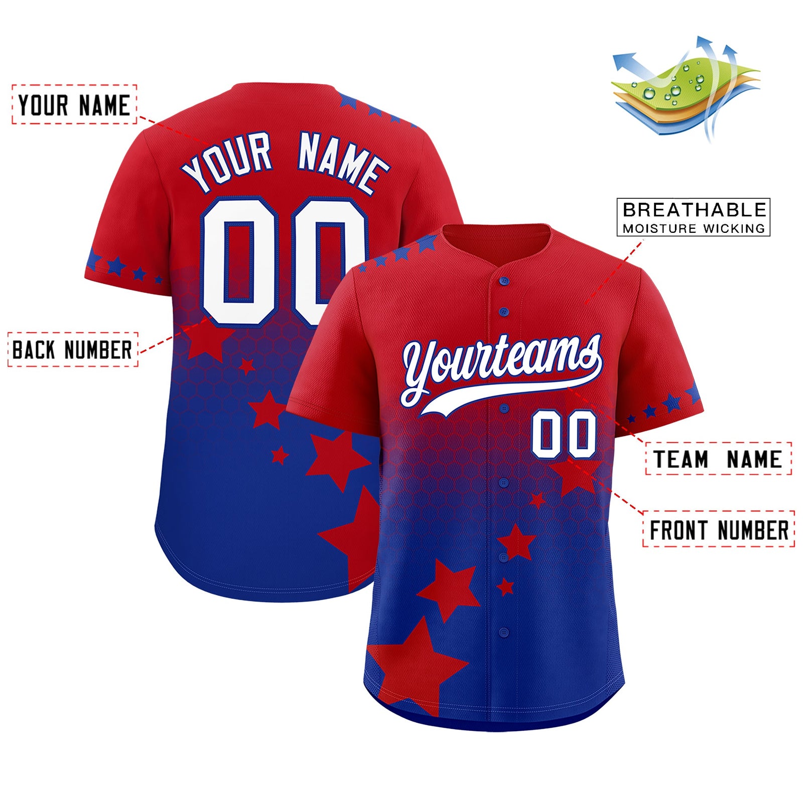 Custom Red Royal Blue White Rising Stars Series Gradient Fashion Baseball Jersey| KXKSHOP