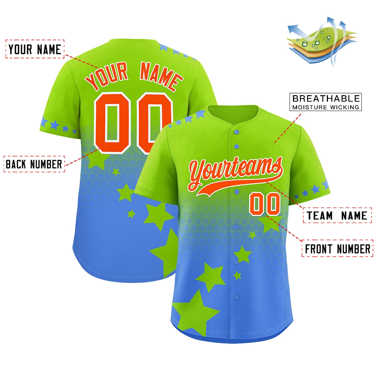 Custom Neon Green Powder Blue Orange Rising Stars Series Gradient Fashion Baseball Jersey| KXKSHOP