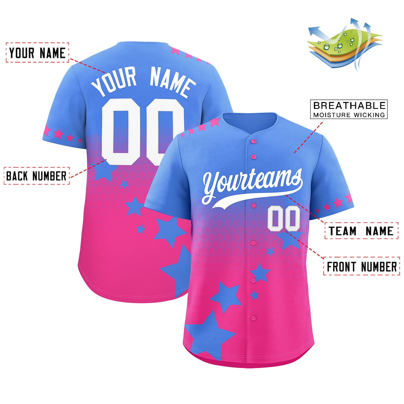 Custom Powder Blue Pink White Rising Stars Series Gradient Fashion Baseball Jersey| KXKSHOP