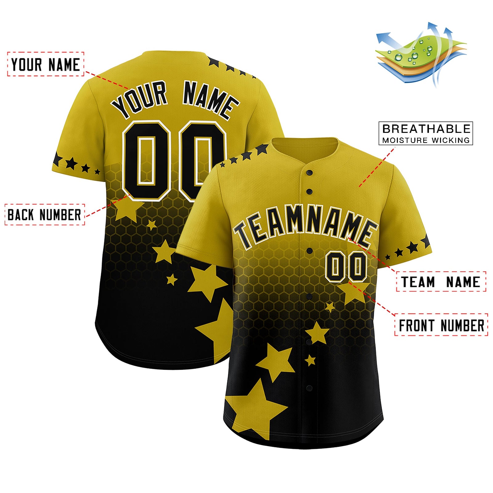 Custom Old Gold Black White Rising Stars Series Gradient Fashion Baseball Jersey| KXKSHOP