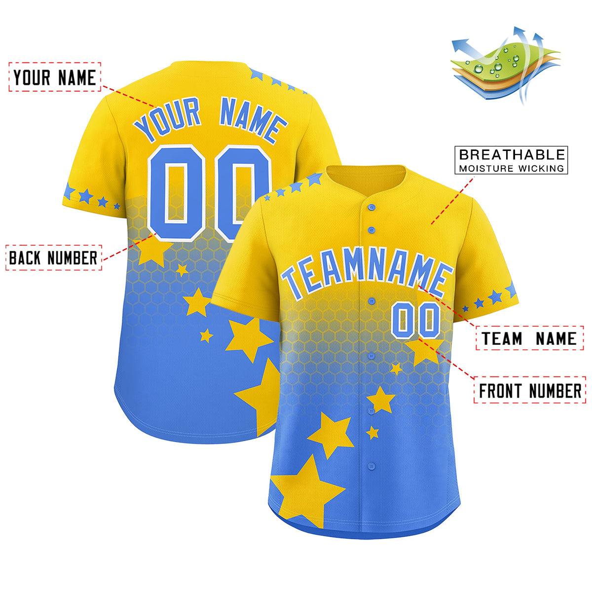Custom Gold Powder Blue White Rising Stars Series Gradient Fashion Baseball Jersey| KXKSHOP