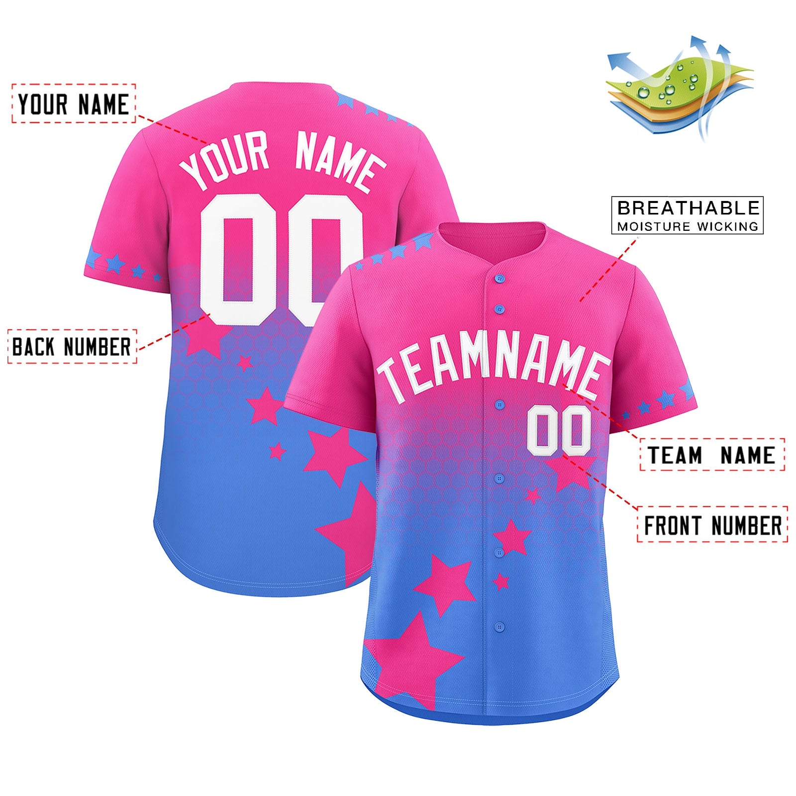 Custom Pink Powder Blue White Rising Stars Series Gradient Fashion Baseball Jersey| KXKSHOP