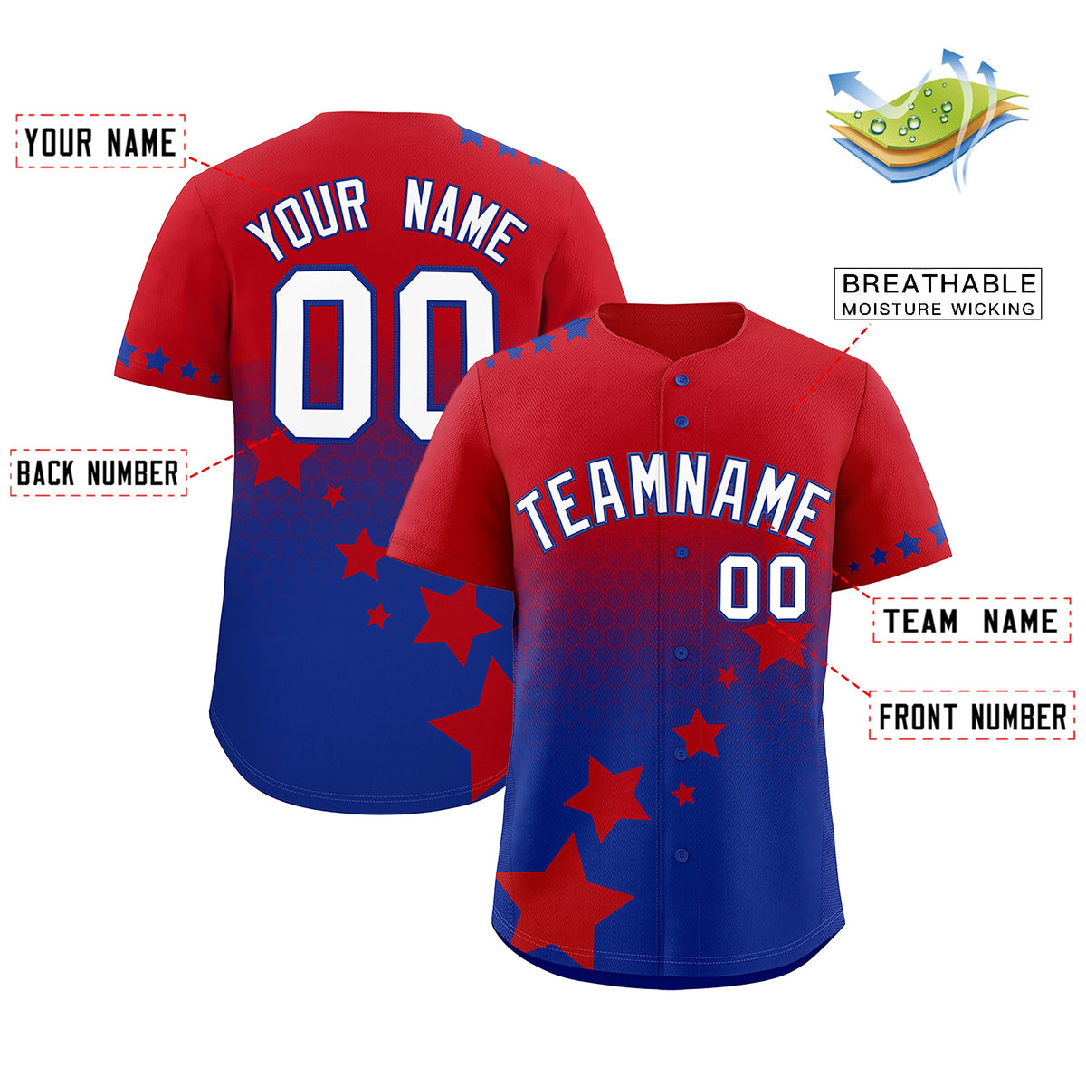 Custom Red Royal Blue White Rising Stars Series Gradient Fashion Baseball Jersey| KXKSHOP