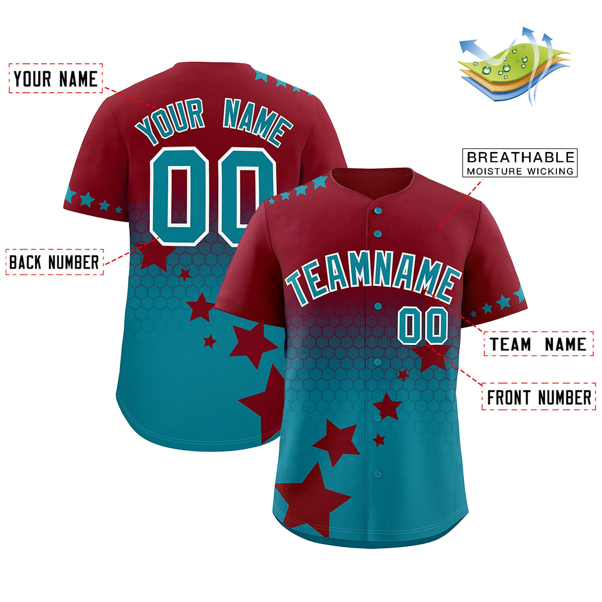 Custom Crimson Teal White Rising Stars Series Gradient Fashion Baseball Jersey| KXKSHOP