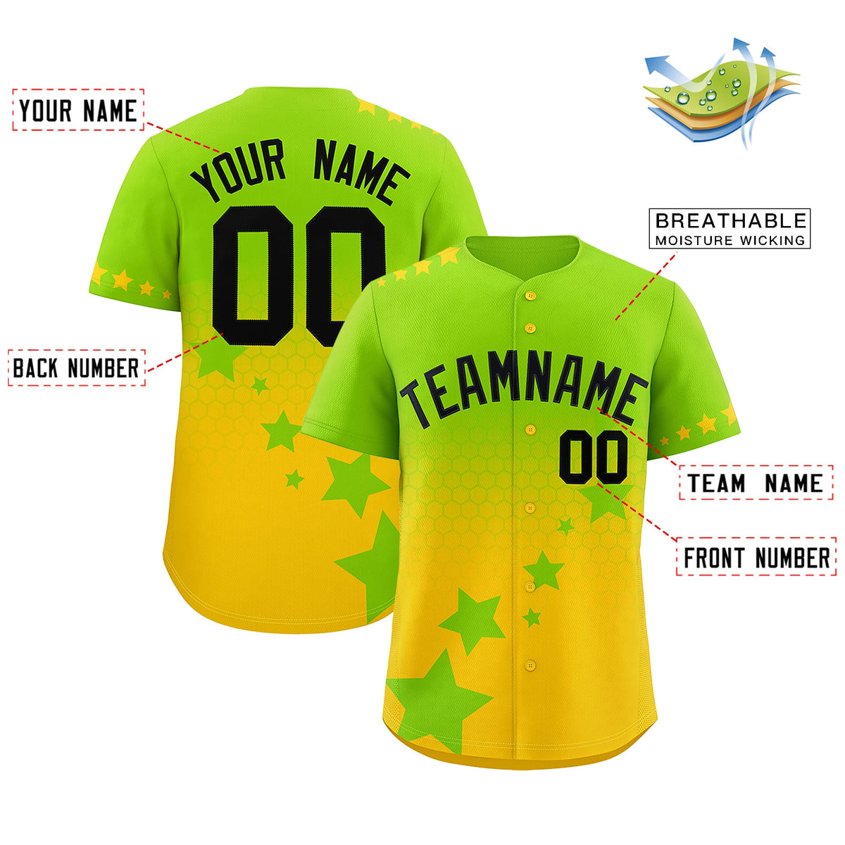 Custom Neon Green Gold Black Rising Stars Series Gradient Fashion Baseball Jersey| KXKSHOP