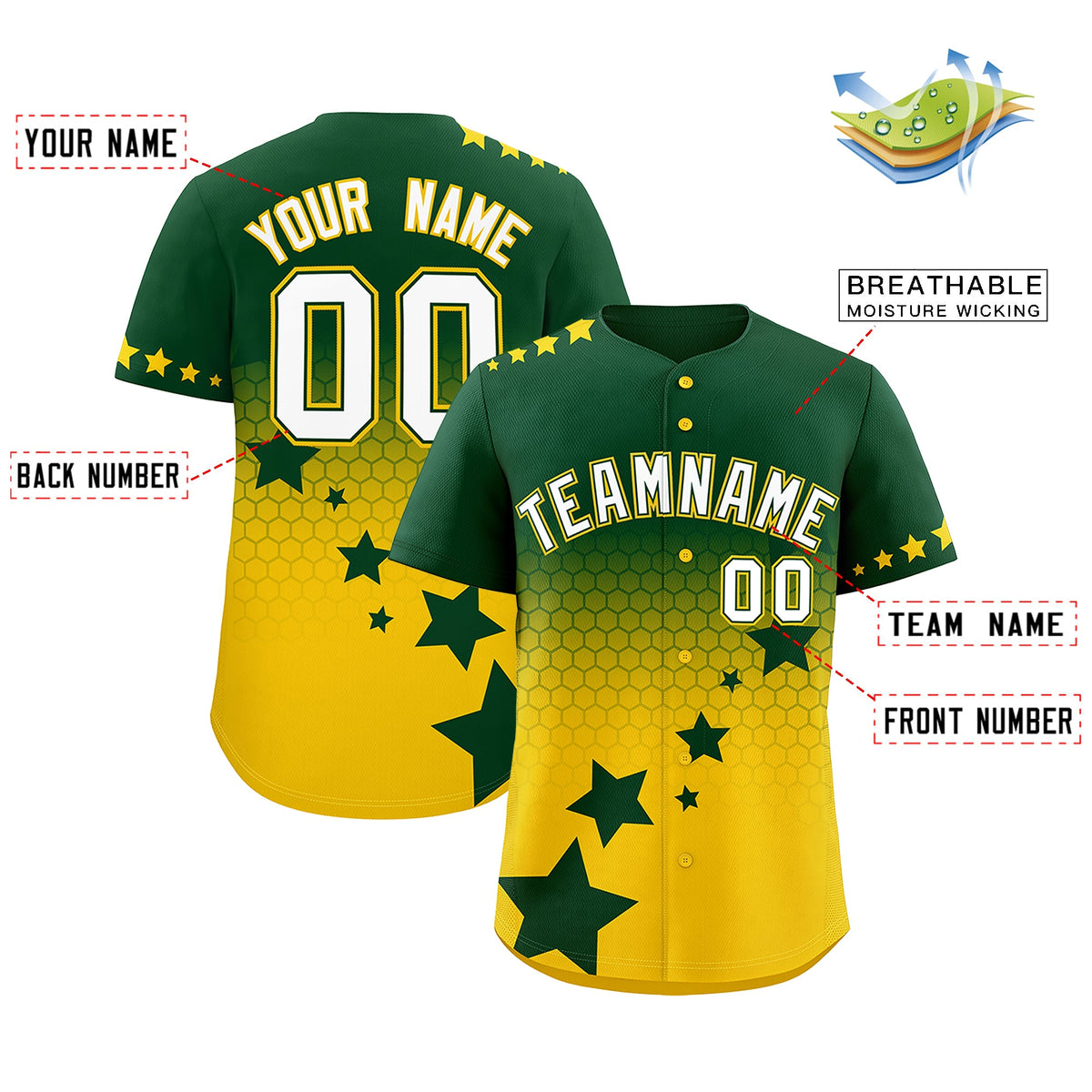 Custom Green Gold White Rising Stars Series Gradient Fashion Baseball Jersey| KXKSHOP