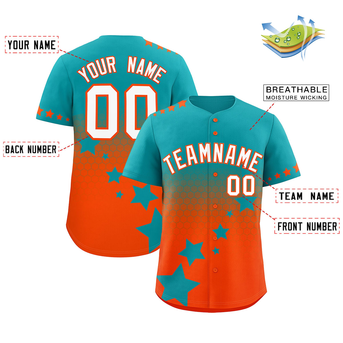 Custom Aqua Orange White Rising Stars Series Gradient Fashion Baseball Jersey| KXKSHOP