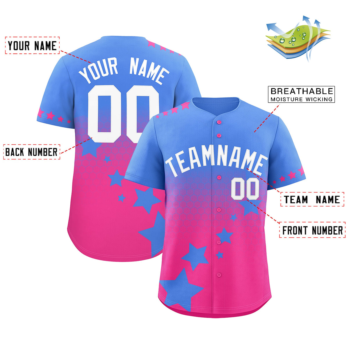 Custom Powder Blue Pink White Rising Stars Series Gradient Fashion Baseball Jersey| KXKSHOP