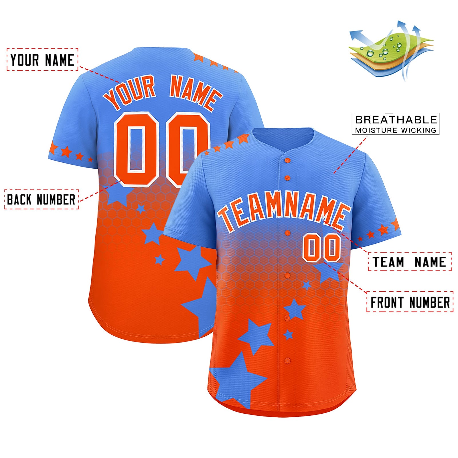 Custom Powder Blue Orange White Rising Stars Series Gradient Fashion Baseball Jersey| KXKSHOP