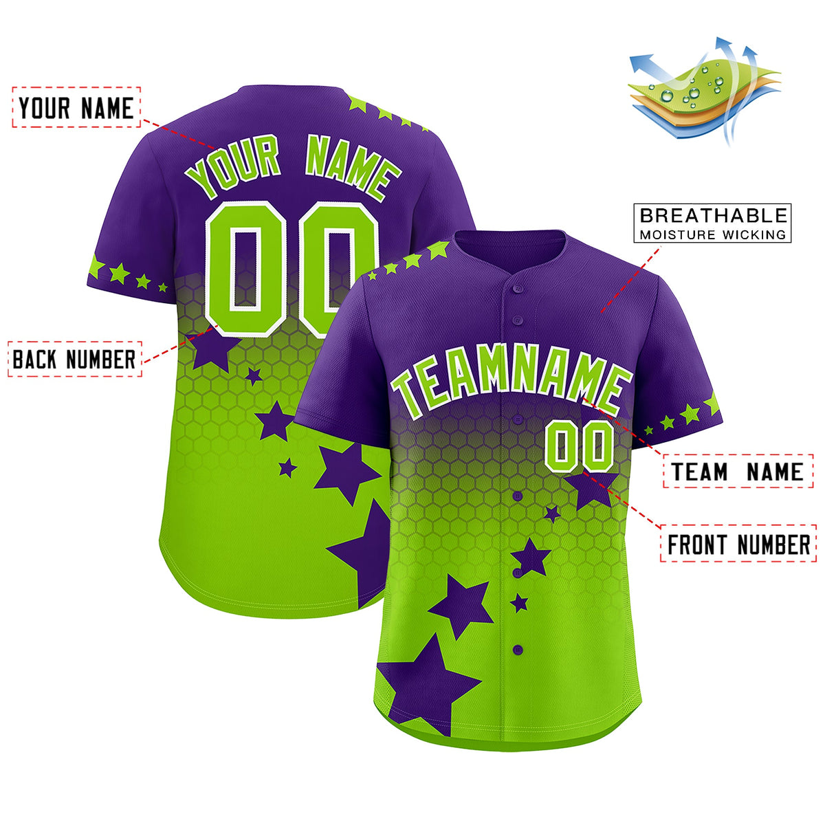 Custom Purple Neon Green White Rising Stars Series Gradient Fashion Baseball Jersey| KXKSHOP