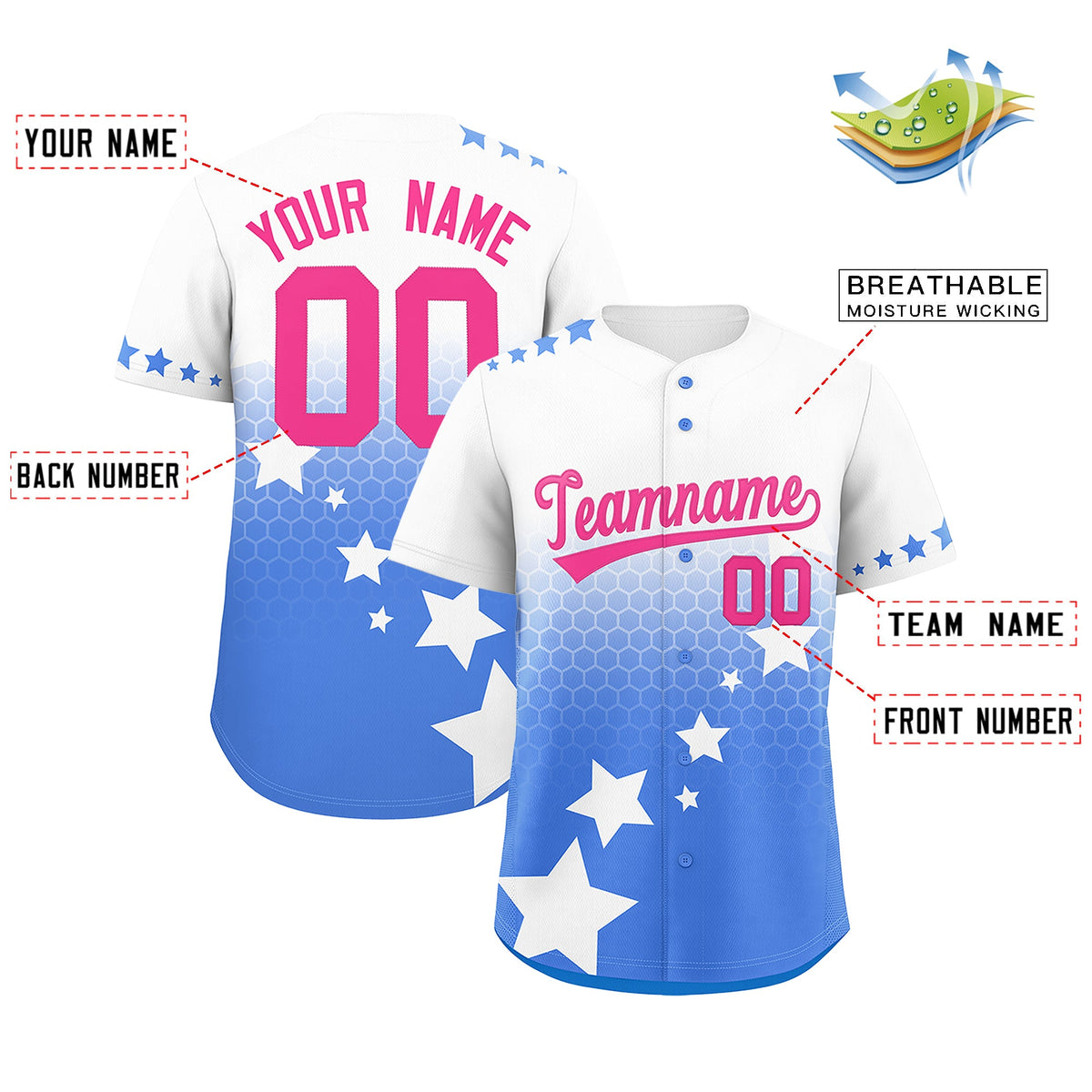 Custom White Powder Blue Pink Rising Stars Series Gradient Fashion Baseball Jersey| KXKSHOP