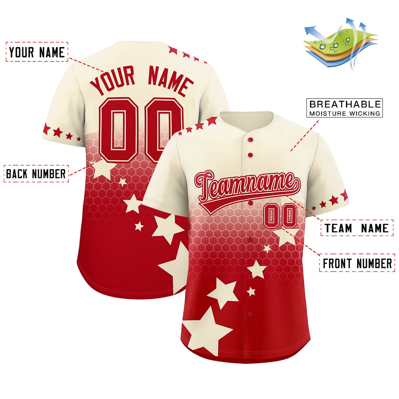 Custom Cream Red Rising Stars Series Gradient Fashion Baseball Jersey| KXKSHOP