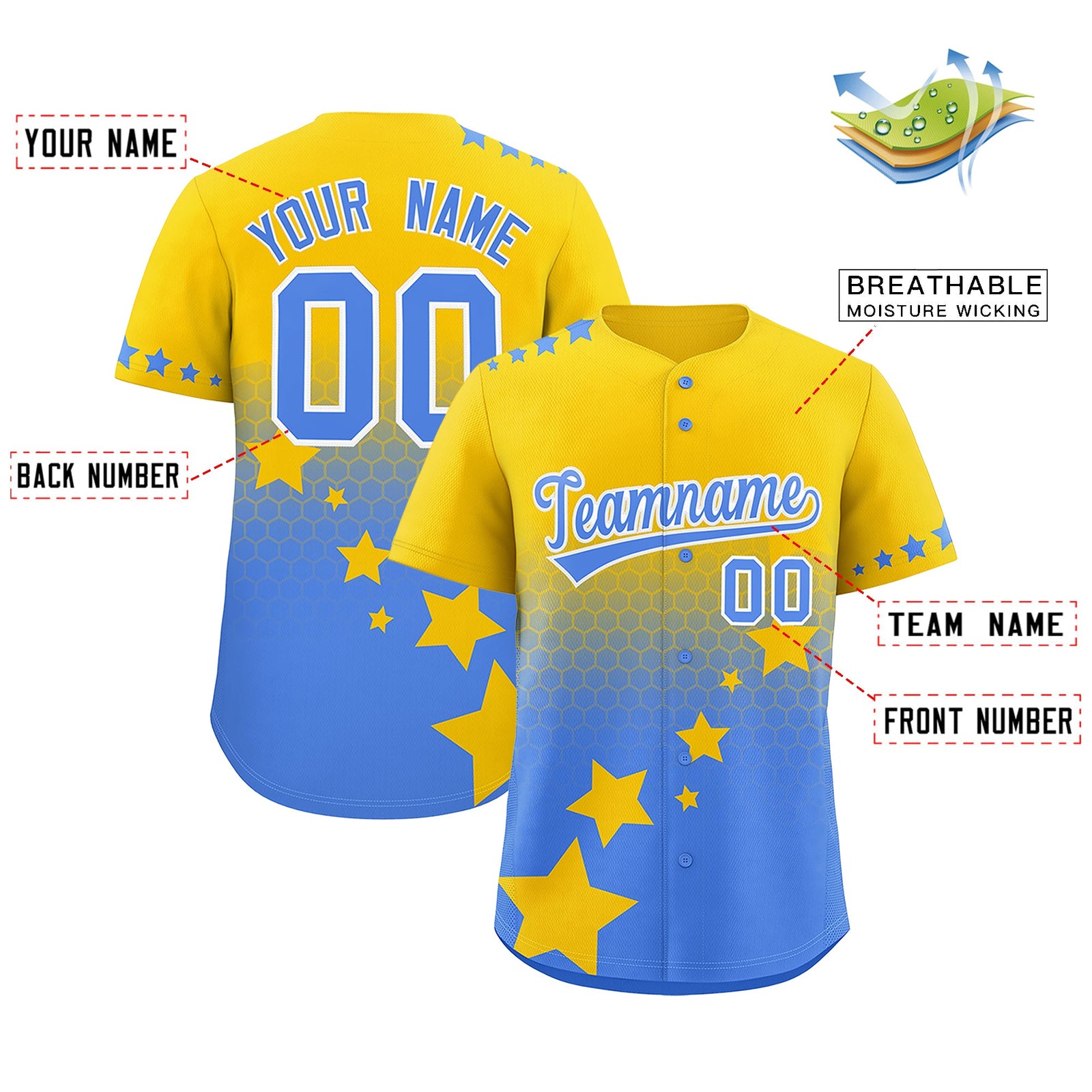 Custom Gold Powder Blue White Rising Stars Series Gradient Fashion Baseball Jersey| KXKSHOP