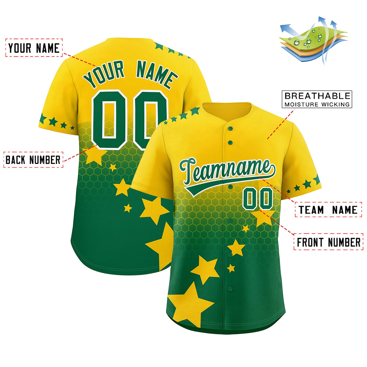 Custom Gold Kelly Green White Rising Stars Series Gradient Fashion Baseball Jersey| KXKSHOP