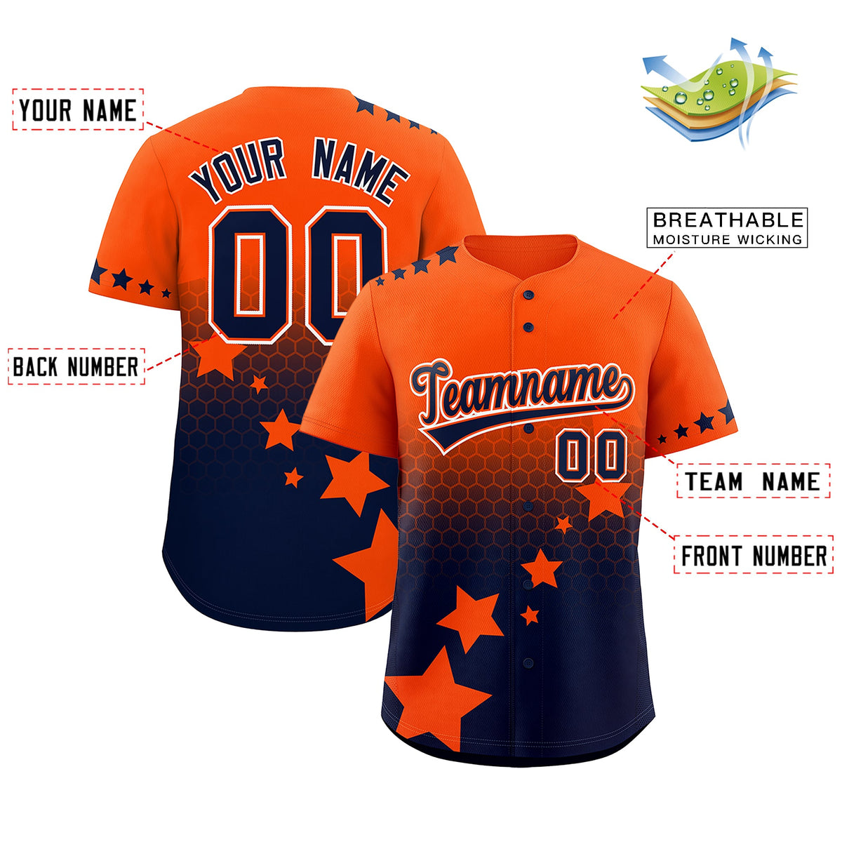 Custom Orange Navy White Rising Stars Series Gradient Fashion Baseball Jersey| KXKSHOP