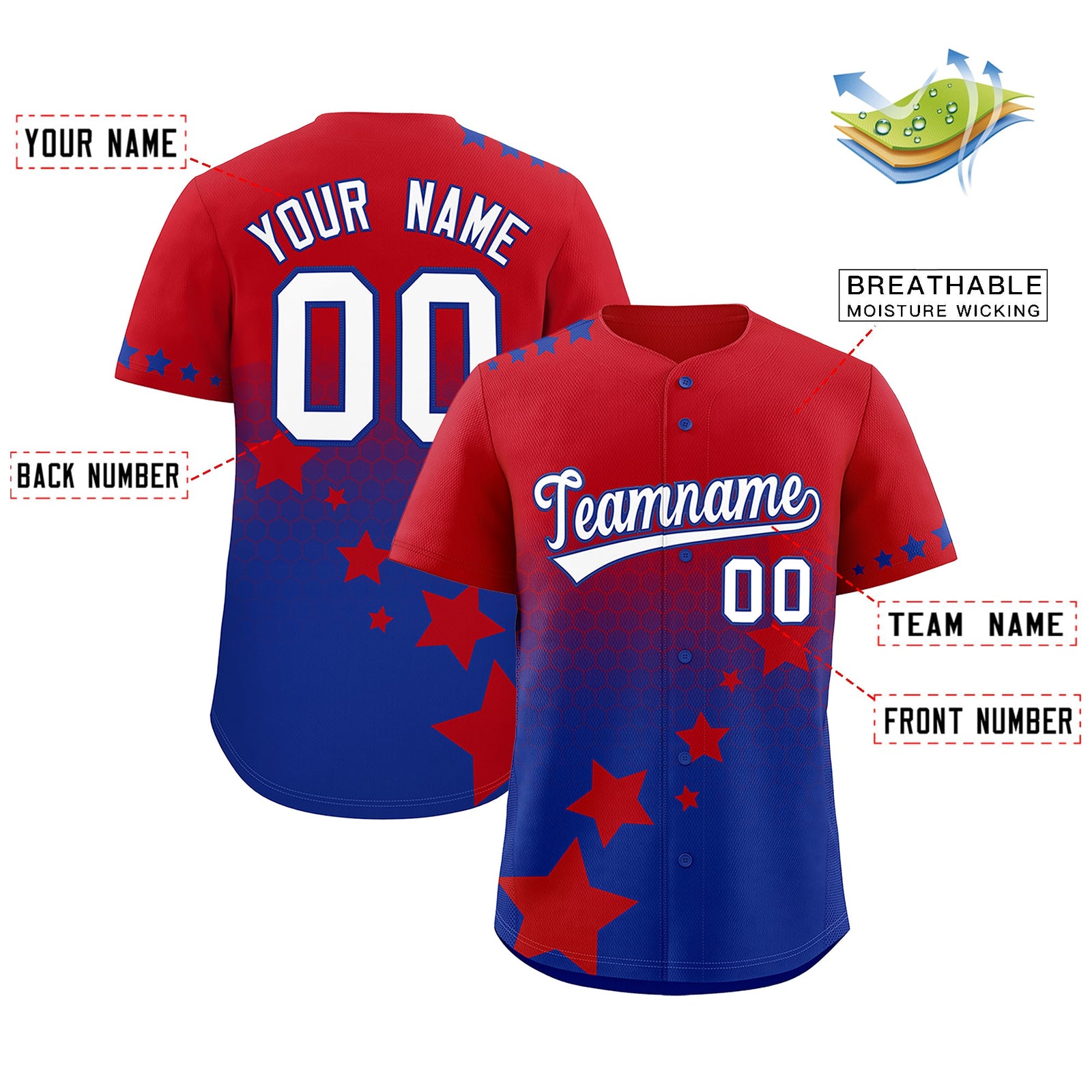 Custom Red Royal Blue White Rising Stars Series Gradient Fashion Baseball Jersey| KXKSHOP