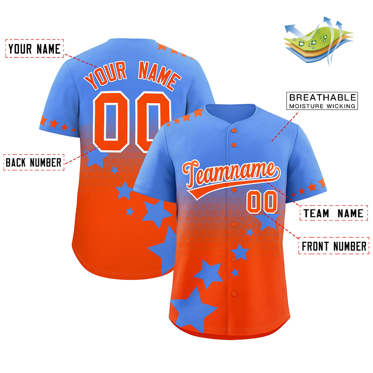 Custom Powder Blue Orange White Rising Stars Series Gradient Fashion Baseball Jersey| KXKSHOP