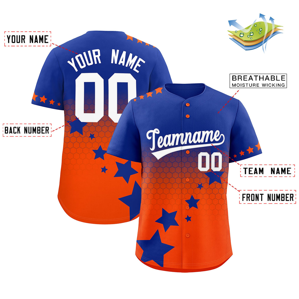 Custom Royal Blue Orange White Rising Stars Series Gradient Fashion Baseball Jersey| KXKSHOP
