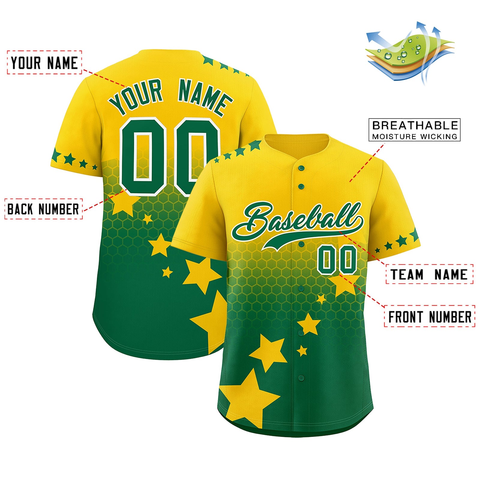 Custom Gold Kelly Green White Rising Stars Series Gradient Fashion Baseball Jersey| KXKSHOP