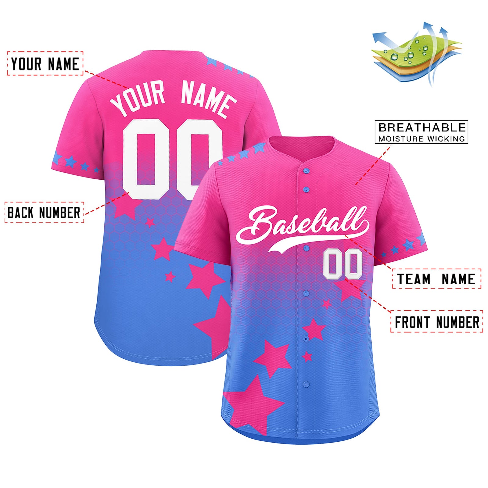 Custom Pink Powder Blue White Rising Stars Series Gradient Fashion Baseball Jersey| KXKSHOP